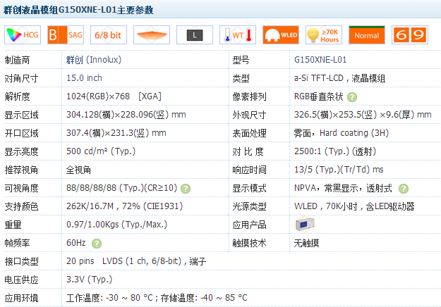 G150XNE-L01主要參數