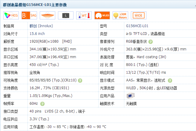 群創(chuàng)液晶模組G156HCE-L01主要參數(shù)