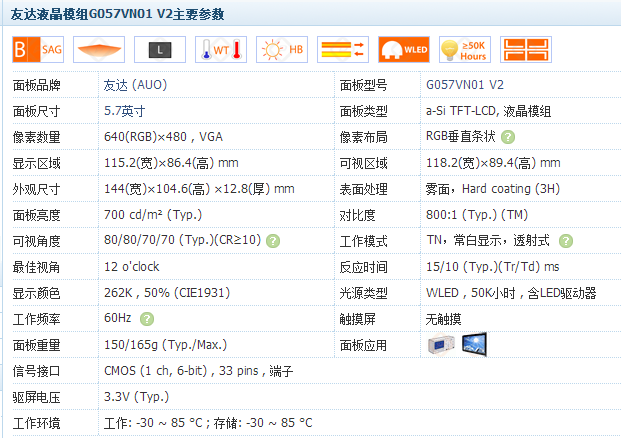 友達(dá)液晶模組G057VN01 V2主要參數(shù)