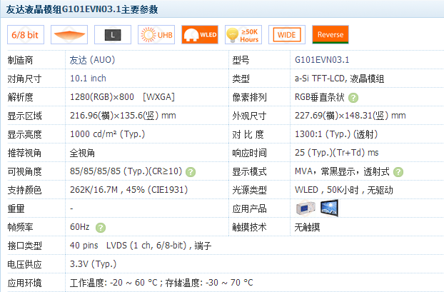 G101EVN03.1主要參數